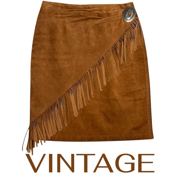 Vintage Dresses & Skirts - Vintage Western Cognac Brown Suede Fringe Skirt genuine Leather Silver Concho